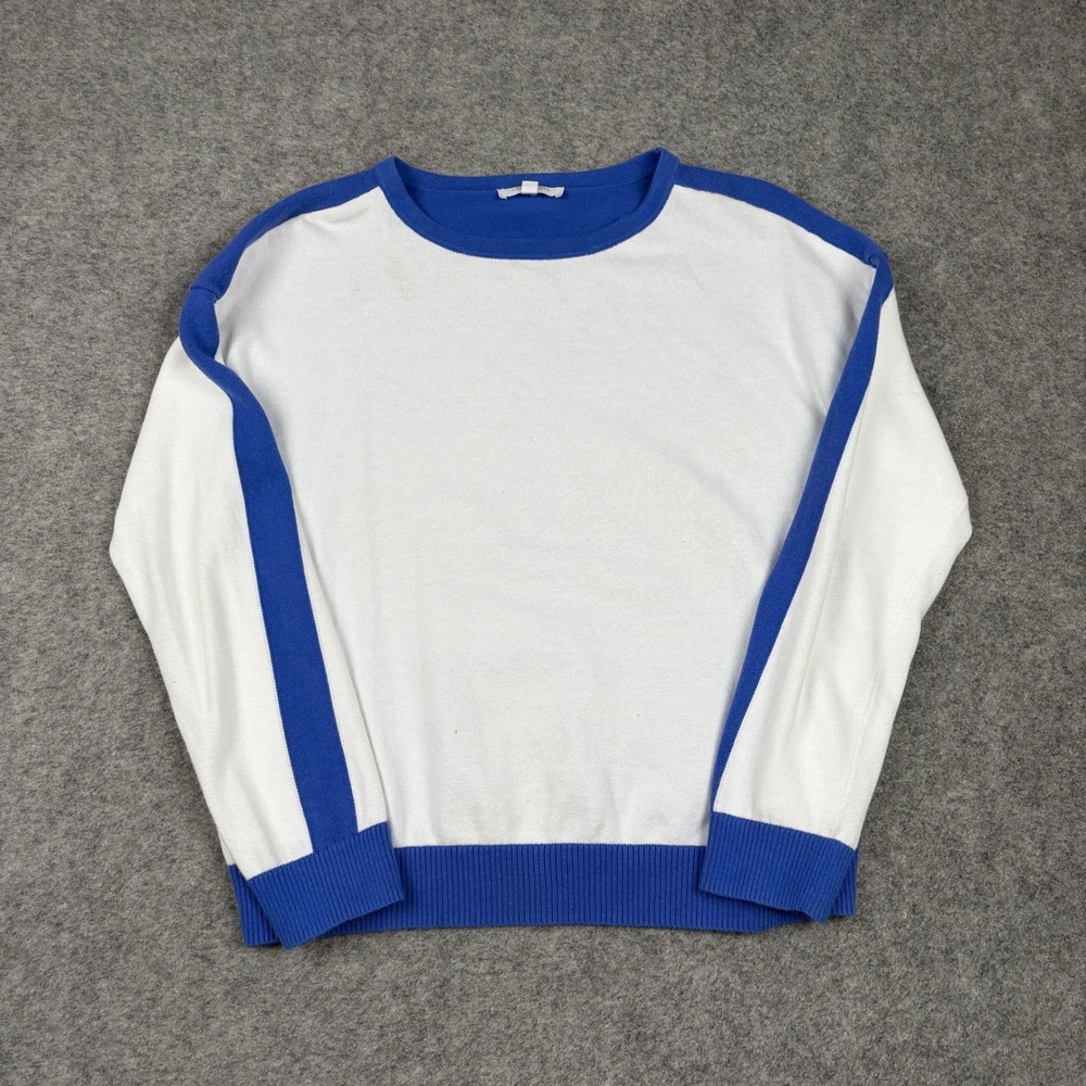 T by Talbots Sweater Womens Medium White Blue‎ Colorblock Crewneck Long Sleeve